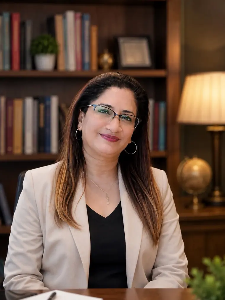 Sheetal, founder of Sheetal Creates Wealth, smiling at her desk in a cream blazer